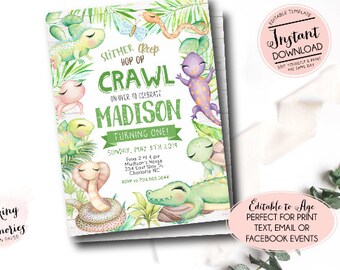 May include: Editable printable invitation for a first birthday party with a jungle theme. The invitation features a green, brown, and purple lizard, a green snake, a green turtle, and a green alligator. The text on the invitation reads "Slither Creep Hop or Crawl On Over to Celebrate Madison Turning One! Sunday, May 5th 2019 From 2 til 4 pm Madison's House 254 East Way St. Charlotte NC RSVP to 704.565.3044"
