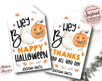 May include: Two Halloween-themed gift tags with watercolor illustrations. One says "Hey Boo Happy Halloween" and the other says "Hey Boo Thanks for all you do!" Each tag features a ghost, pumpkin, and fall leaves.