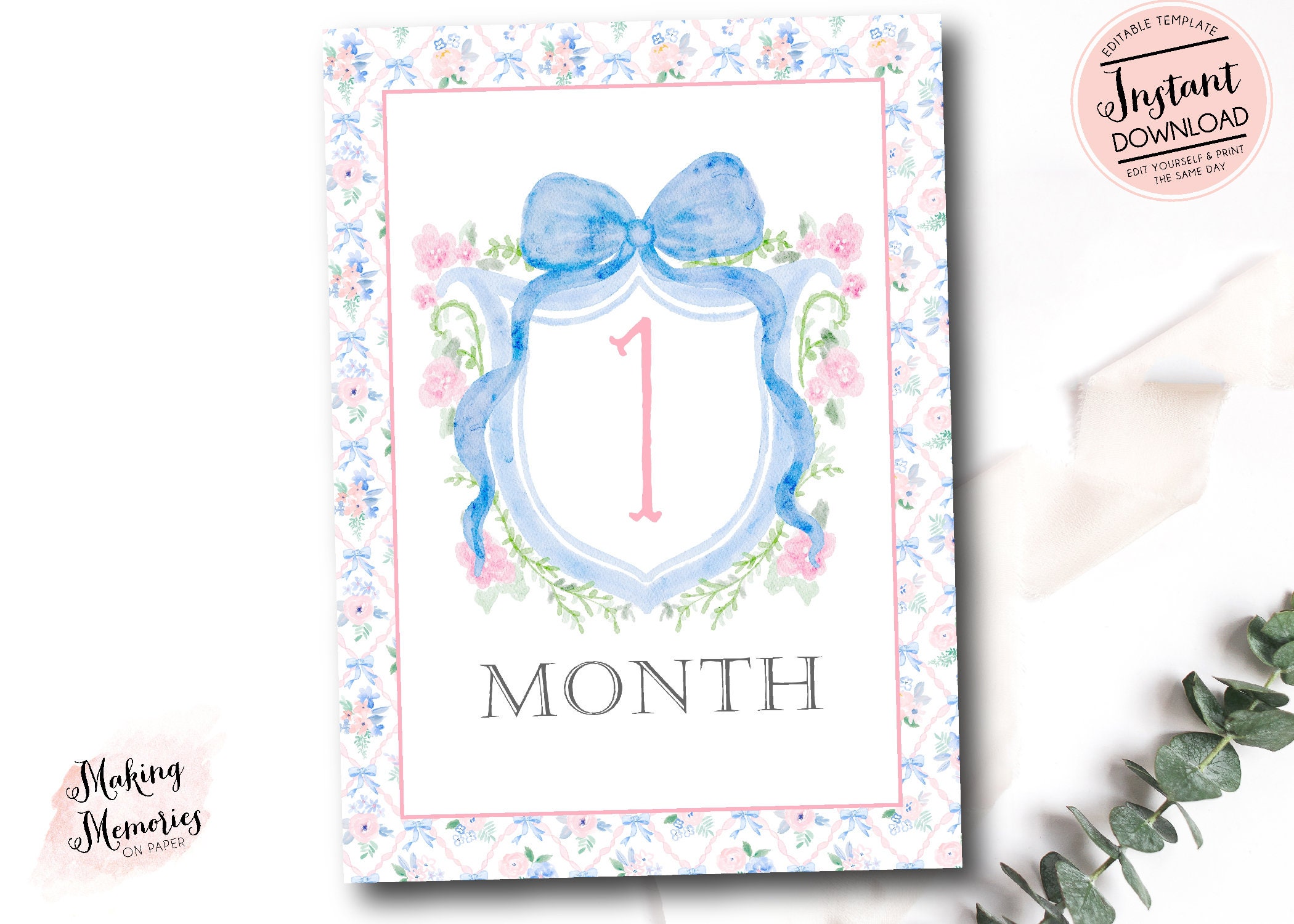Girl Monthly Milestone Cards, Baby Girl Watercolor Crest Monthly ...