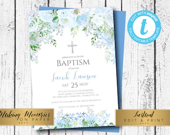 Blue Baptism invitation, Boy baptism, First Communion Invite, INSTANT download, Floral Invitation, Templett, edit yourself, blue baptism