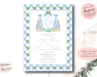 bunny baby shower invitation, Preppy Rabbit Baby Shower, Spring boy baby shower, Editable Blue crest Bunny invite, Monogram crest invite