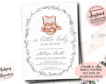 Little Lady Baby Shower Invitation, Girl Baby Editable Invite,  Pink dress shower invite, baby girl boho baby shower, instant, it's a girl