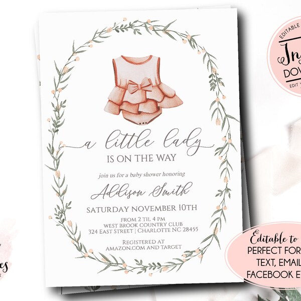 Little Lady Baby Shower Invitation, Girl Baby Editable Invite,  Pink dress shower invite, baby girl boho baby shower, instant, it's a girl