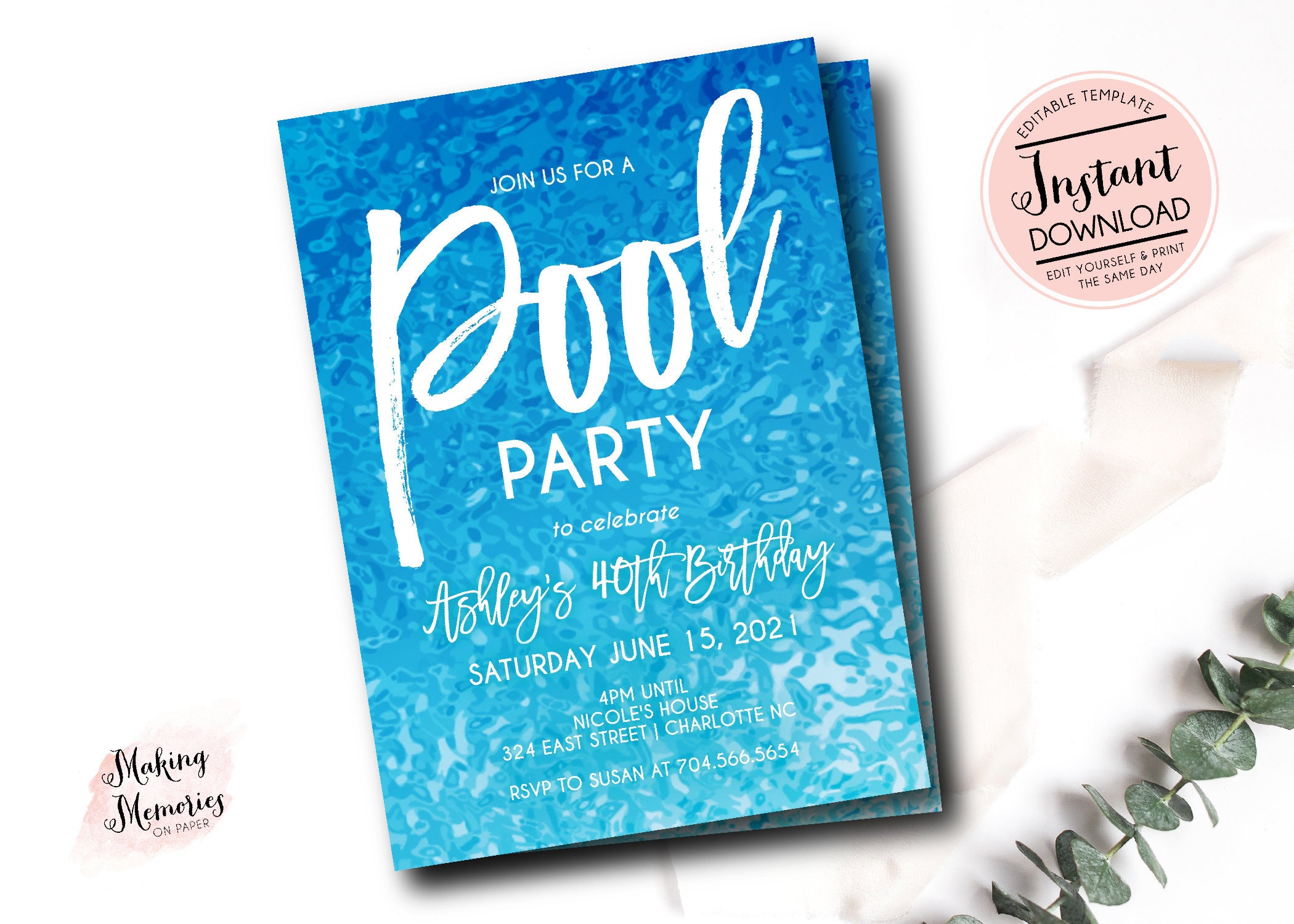 Pool Party Invitation, Adult Pool Party Invitation, Kids Pool Birthday Invite, Summer Birthday, Pool Invite, INSTANT download, Template
