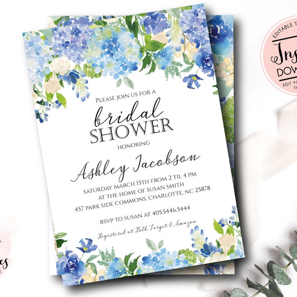 Blue Floral  Invitation. Blue Watercolor Baptism, Christening, Dedication, First Communion, INSTANT DOWNLOAD, print yourself