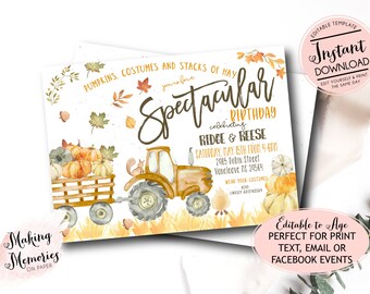 Puede incluir: Invitación de cumpleaños en acuarela con temática otoñal. Presenta un tractor tirando de un vagón de calabazas, con el texto "Spectacular Birthday" y detalles del evento. Incluye el texto "Making Memories on Paper".