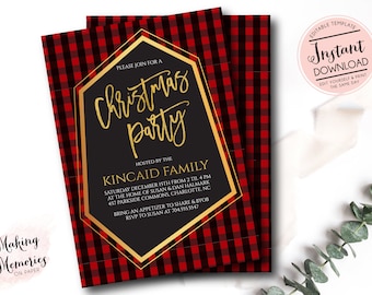 May include: Christmas party invitation with a red and black buffalo plaid background. The invitation features gold lettering that reads "Christmas Party" and includes event details. A pink circle with the words "Instant Download" is in the upper right corner.