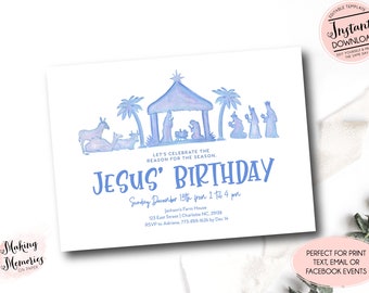 May include: A white invitation card with a watercolor illustration of a nativity scene in shades of blue. The text reads "Jesus' Birthday" and includes event details. The card is designed for print, email, or Facebook events.