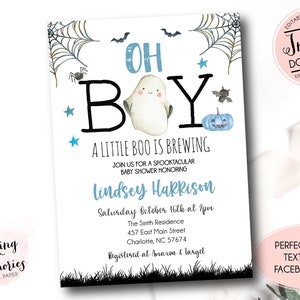 Printable boy Halloween baby shower, A Baby is brewing baby shower, boy baby brewing halloween invitation, editable instant download, oh boy
