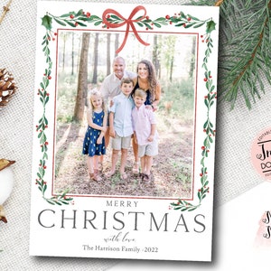 Gift Christmas Photo Card, Greenery Frame photo christmas card, Instant download, Present Holiday photo card, Christmas gift photo card