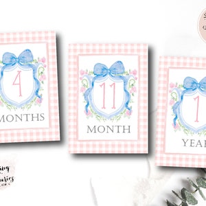 Girl Monthly Milestone Cards, Baby Girl Watercolor Crest Monthly ...