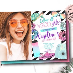 VSCO birthday Party Invitation, VSCO Party, VSCO Girl Invitation, 90&#39;s girl birthday, scrunchie, Tween Birthday Invite, Editable instant