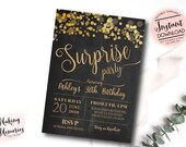 Shhh It's a Suprise Party Birthday Invitation, Gold Confetti Sprinkles Surprise Birthday Adult Invitation 30th, 40th, 50th, 60th Instant PDF