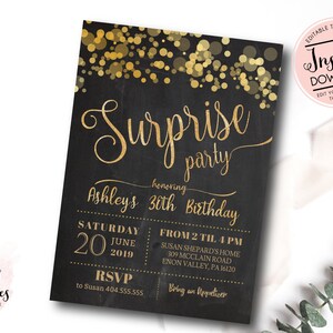 Shhh It&#39;s a Suprise Party Birthday Invitation, Gold Confetti Sprinkles Surprise Birthday Adult Invitation 30th, 40th, 50th, 60th Instant PDF