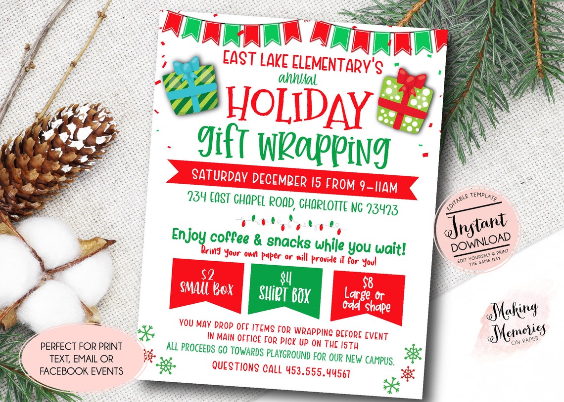 Holiday Gift Wrapping Fundraiser Flyer Christmas Gift Etsy