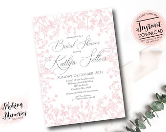 Pink Chinoiserie Bridal Shower Invitation Bundle, Pink Toile Bridal Shower, Grandmillennial Invite, Vintage Botanical Invite, French Toile