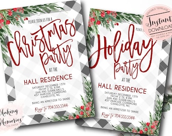 May include: Two holiday party invitations with a buffalo check background. The invitations have red text that reads "Christmas Party" and "Holiday Party". The invitations include event details and floral accents.