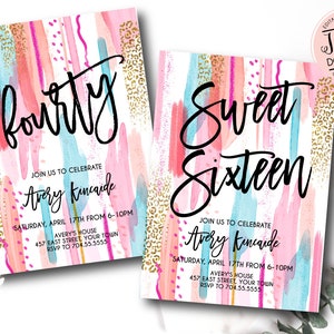 Sweet Sixteen invitation, Abstract Birthday Invitation, Teen birthday invite, Modern Birthday invitation, Abstract Watercolor, Instant