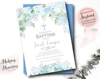 Blue Baptism invitation, Boy baptism, First Communion Invite, INSTANT download, Floral Invitation, Template, edit yourself, blue baptism