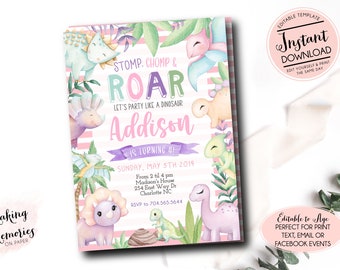 Girl Dinosaur birthday invitation, pink dinosaur birthday party, dinosaur party, Instant Download, Edit yourself, Template, Printable