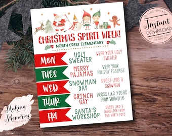 Christmas spirit week template, Spirit week schedule, winter spirit week, Spirit week planner, Edit yourself instant download