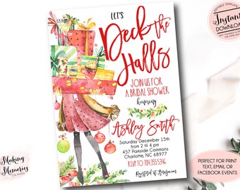 Op de afbeelding: Een aquarel uitnodiging voor een bruidsdouche met de tekst "Let's Deck the Halls". De uitnodiging toont een vrouw die cadeaus draagt, met details zoals datum, tijd en RSVP-informatie. Het ontwerp bevat kerstversieringen.