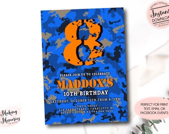 May include: Blue and gray camouflage birthday invitation with the text "Please join us to celebrate Maddox's 10th Birthday" and the date and time of the party. The invitation also includes the address and RSVP information.