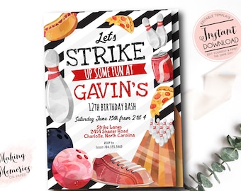 May include: Birthday party invitation with a bowling theme. The invitation features the text "Let's Strike Up Some Fun at Gavin's 12th Birthday Bash." The design includes bowling pins, a bowling ball, a shoe, pizza, a hot dog, and a soda can.