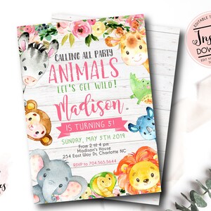 Safari birthday Invitation girl, Safari Invitation, Wild Safari Invite, party animals, wild and three, edit yourself template, Jungle