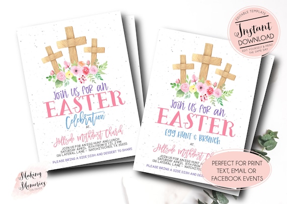 Easter Egg hunt invitation,  Church easter egg hunt invite, cross easter invite, Easter egg hunt, INSTANT download edit yourself, Template