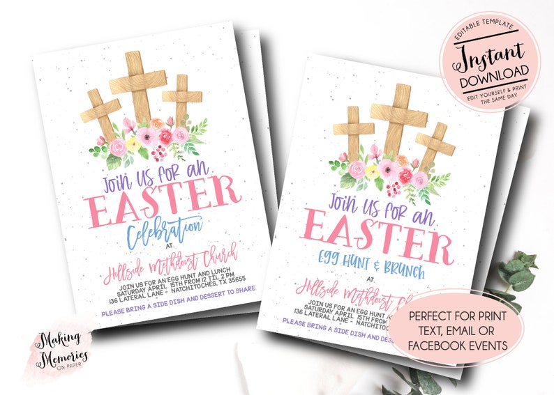 May include: Two printable Easter invitation cards with a watercolor design of three wooden crosses and pink and purple flowers. The text on the cards reads "Join us for an Easter Celebration" and "Join us for an Easter Egg Hunt & Brunch".