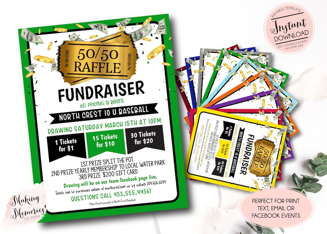50/50 Raffle Ticket Fundraiser Flyer, Split the Pot Raffle Fundraiser, Cash Raffle Flyer, Sports