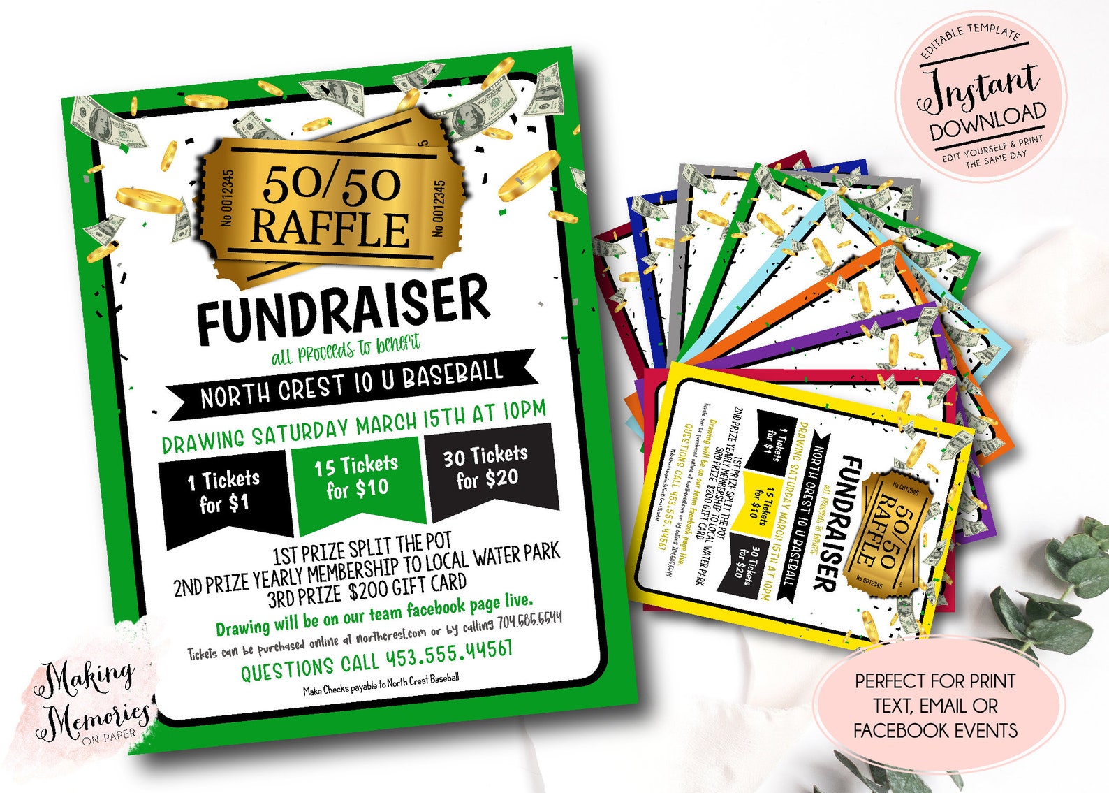 50/50 Raffle Ticket Fundraiser Flyer, Split the Pot Raffle Fundraiser ...