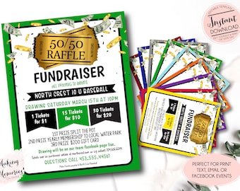 May include: Green and yellow 50/50 raffle fundraiser flyer with a gold ticket design. The flyer advertises a fundraiser for North Crest 10 U Baseball. The drawing will be held on Saturday, March 15th at 10pm. The flyer includes ticket prices and prize information.