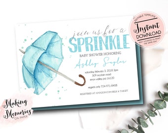 Sprinkle Baby Shower Invitation, Umbrella baby invitation, girl baby shower invitation, boy sprinkle,Edit yourself Template Instant Download