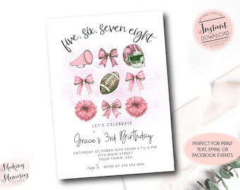 Pink Cheer Birthday Invitation, Editable Cheerleader party invite, tailgate, cheer football, Girl Sibling Birthday template, Instant Access