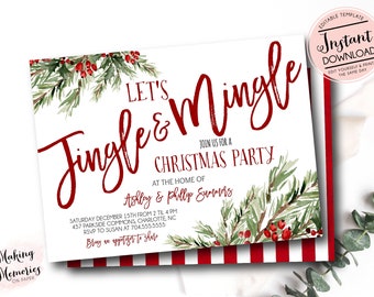 Könnte beinhalten: Eine Weihnachtsparty-Einladung mit den Worten "Let's Jingle & Mingle" in roter Schrift. Die Einladung enthält Details für eine Weihnachtsfeier mit Aquarellgrün und roten Beerenakzenten. Das Design hat einen weißen Hintergrund mit rot-weißen Streifen.