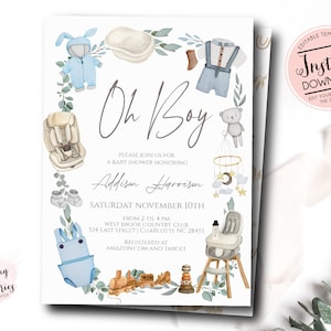 Oh Boy baby Shower invitation,  simple baby shower Invitation, baby clothes shower invite, boho baby shower, edit yourself, instant download