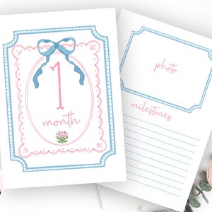 Cartes d'étape mensuelles avec noeud, cartes d'étape numérique pour bébé fille, carte d'étape du Sud, téléchargement immédiat preppy, rose et bleu minimalistes