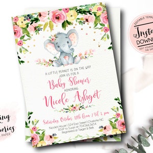 Elephant baby shower invite, Girl Elephant, ITs a girl baby Shower, pink flowers, INSTANT Watercolor, Floral Invitation, blush, DIY, Invite,