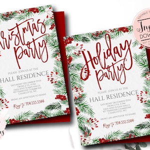 Christmas Party Invitation, Holiday Party Invite, Family Christmas party, Instant Download, Edit yourself, editable holly wreath, work party