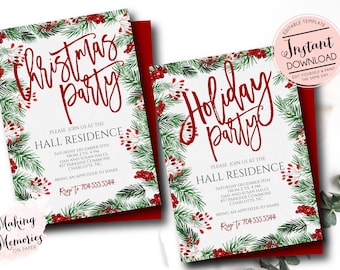 May include: Christmas and Holiday party invitations with red text and a green and red border. The invitations include the text "Christmas Party" and "Holiday Party", along with event details. The invitations are on a white background.