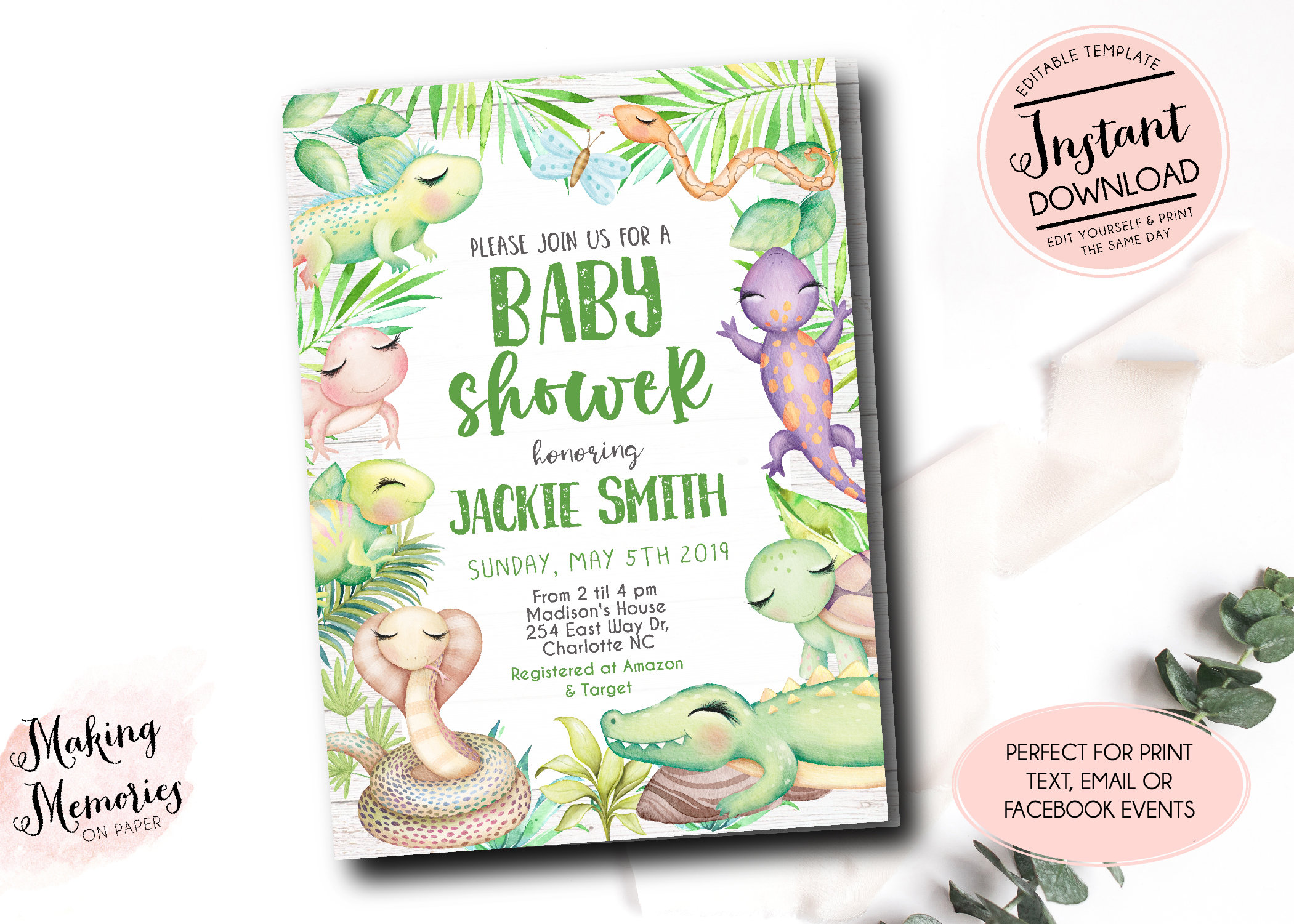 Reptile Baby Shower Invitation, Editable Reptile Baby Shower invite, Lizard Invitation, Snake Invitation, Alligator Instant Download Reptile