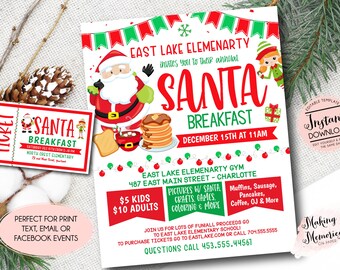 May include: A printable invitation for a Santa Breakfast event at East Lake Elementary School. The invitation features a cartoon Santa Claus, a plate of pancakes, and a Christmas tree. The event is scheduled for December 15th at 11am. The invitation includes details about the event, including the address, cost, and activities.