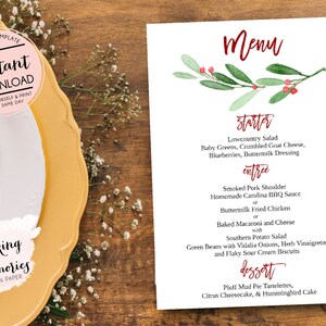 May include: A white menu card with a watercolor sprig design and a list of menu items. The menu includes starters, entrees, and desserts. A yellow plate with a white plate and text that says "Instant Download" is in the foreground.