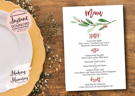 Christmas Menu, Greenery Menu, Holly Menu, Christmas Shower Menu, Bridal Shower, Christmas set, Evergreen tree, Instant Download, Template