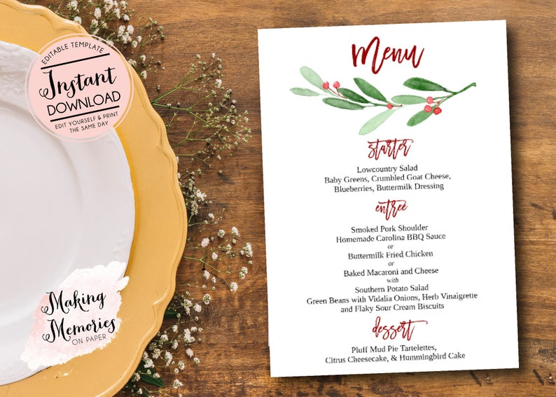 May include: A white menu card with a watercolor sprig design and a list of menu items. The menu includes starters, entrees, and desserts. A yellow plate with a white plate and text that says "Instant Download" is in the foreground.