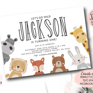 Editable animal birthday Invitation, baby animals Invitation, Let&#39;s get Wild Safari Invite, party animals, Jungle Birthday Invite