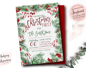 Peut inclure: Invitation de fête de Noël avec un design festif. L'invitation présente un design à l'aquarelle de branches de sapin vertes et de baies rouges. Le texte indique "Christmas Party at the Smith Home", avec la date, l'heure et le lieu.