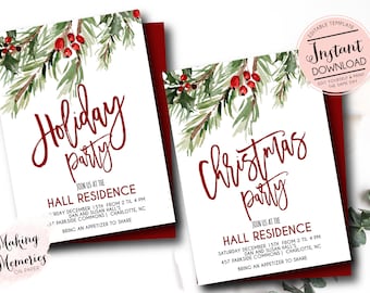May include: Two holiday party invitations with red and green watercolor accents. The invitations read "Holiday Party" and "Christmas Party" in a cursive font. The invitations include event details and the text "Instant Download".